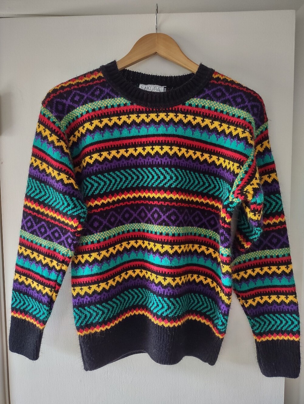 Vintage Sakura Sport Colorful Geometric Knit Sweater Women's M Crewneck Dopamine